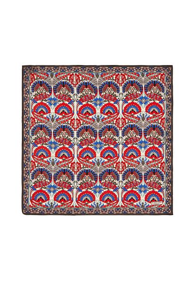 Bursa İpek Red Anthracite Peacock Pattern Silk Handkerchief
