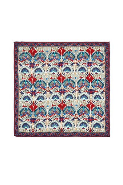 Bursa İpek Red Turquoise Peacock Pattern Silk Handkerchief