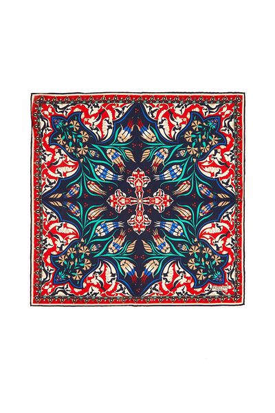Bursa İpek Navy Blue Red Carnation Tulip Pattern Silk Handkerchief
