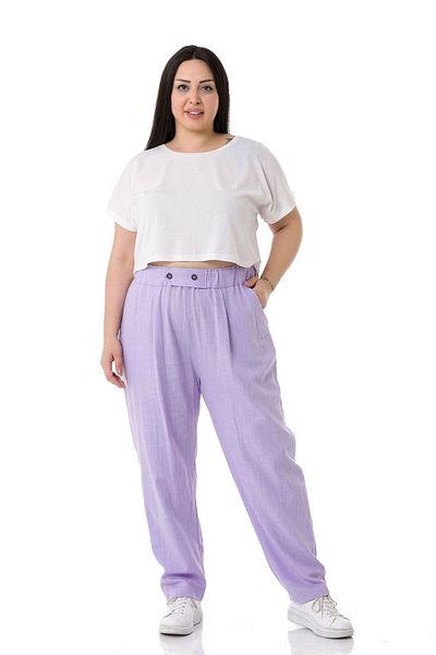DISENTIS MODEST Plus Size Linen Lilac Trousers with Pleated Front Pockets and Ornamental Plackets