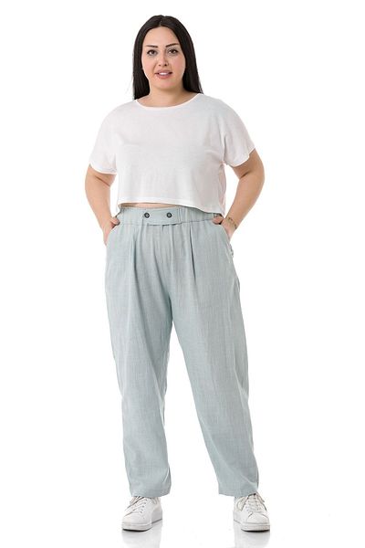 DISENTIS MODEST Large Size Linen Water Green Trousers with Pleated Front Pockets and Ornamental Plackets