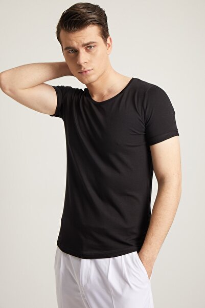 Fc Plus Erkek Siyah Armut Yaka Pamuk Tshirt