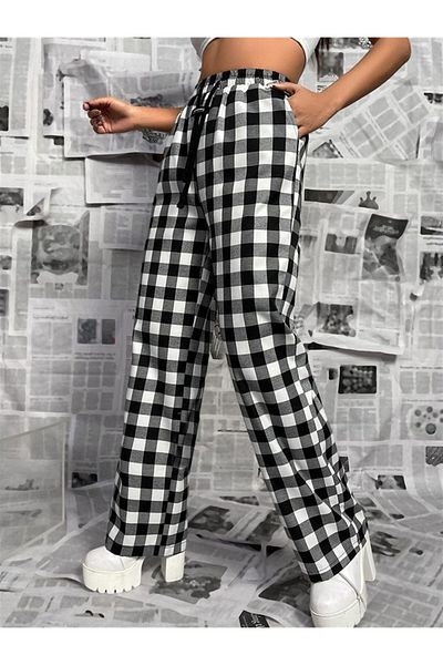 Gofeel Y2k Unisex Elastic Waist Wide Leg Black and White Plaid Trousers