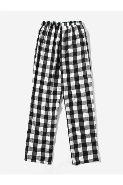Gofeel Y2k Unisex Elastic Waist Wide Leg Black and White Plaid Trousers