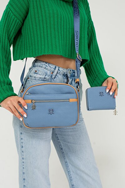 ImPolo Esta Nora Blue Camel Geantă combinată pentru femei și portofel 21x27 Portofel 10x13 Dimensiuni