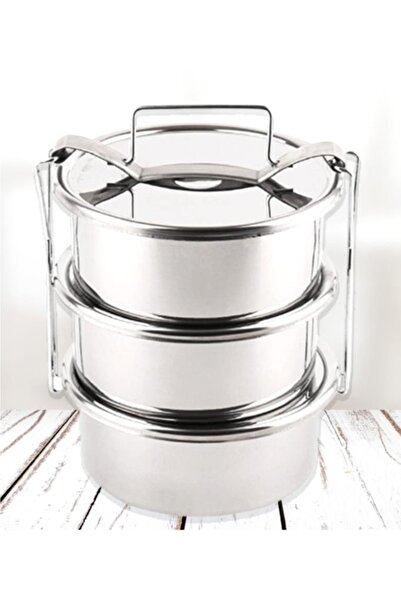 abnturk Paslanmaz Çelik 15x6cm 3 Kaplı Isıtılabilir Sefer Tası 3-4 Kişilik Yemek Taşıma Kabı 2.2 Lt 750ml X3