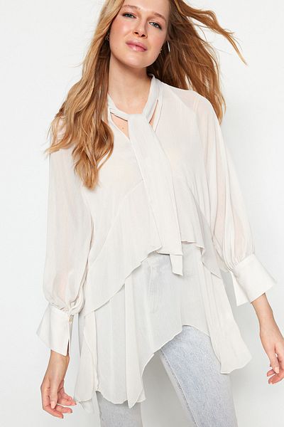 Trendyol Collection Μπεζ υφασμένη γραβάτα Λεπτομερής Μπλούζα TWOSS23BZ00731