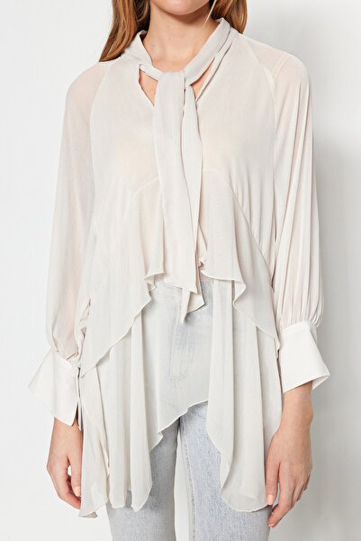 Trendyol Collection Μπεζ υφασμένη γραβάτα Λεπτομερής Μπλούζα TWOSS23BZ00731