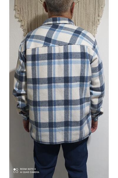 BS Bahriye Sevinç Erkek Kışlık Kalın Yünlü Cepli Mavi Beyaz Ekose Desenli Oduncu Gömleği