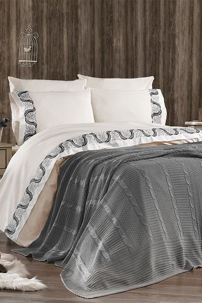 Minelya Home Collection Σετ κρεβατιού 7 τεμαχίων πλεκτό κεντημένο Meyra βαμβακερό διπλό γκρι παπλωματοθήκη