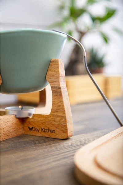JOY KİTCHEN Wooden Fondue Set Colorful Ceramic Bowl Wooden Stand Fondue Set Green