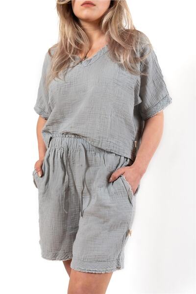 Zeliha Baysan Faven Muslin Women's Mini Shorts with Elastic Waist Gray