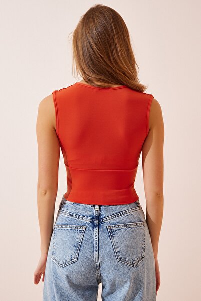 Happiness İstanbul Női narancssárga, mély V-nyakú, kötött blúz BF00039