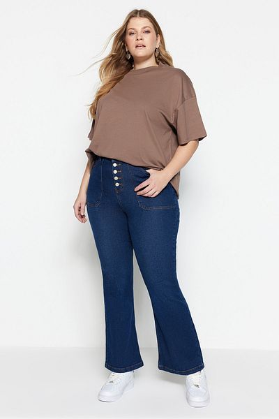 Trendyol Curve Dunkelblaue spanische Schlaghose mit hoher Taille TBBAW23CJ00033