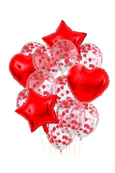 BEST PARTİ DOĞUM GÜNÜ PARTİ SÜSLERİ Valentine's Day Bunch of 10 Transparent Balloons with 2 Stars and 2 Hearts with Red Heart Confetti