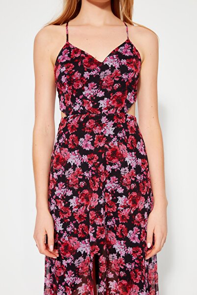 Trendyol Collection Piros A-vonalú bélésű derék részletes virágmintás maxi szövött ruha TWOSS20EL1270