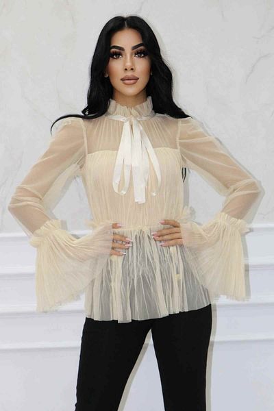 Matik Abiyem Blouse Stretchy Tulle Design Collar Satin Ribbon Pleated Blouse Dress