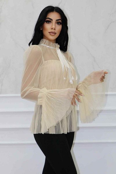 Matik Abiyem Blouse Stretchy Tulle Design Collar Satin Ribbon Pleated Blouse Dress