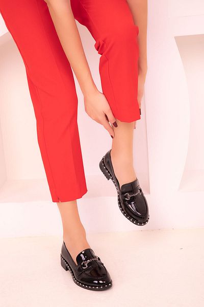 SOHO Black Patent Leather-Buckle Women's Casual Shoes 17445