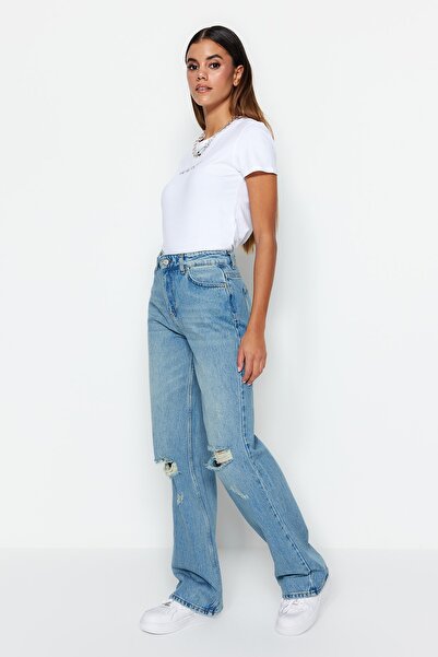 Trendyol Collection Světle modré, roztrhané vintage džíny se širokými nohavicemi a nízkým pasem TWOSS23JE00102
