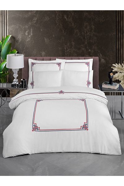 Silkarea Ionia 100% Cotton Satin Duvet Cover Set King Size, Elastic, White Navy Blue-Red Embroidered