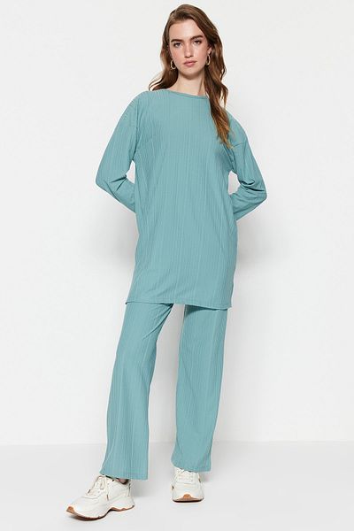 Trendyol Modest Mint Pleated Tunic-Pants Knitted Set TCTSS23US00009