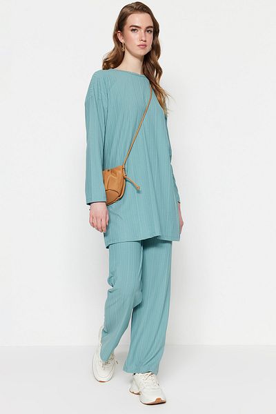 Trendyol Modest Mint Pleated Tunic-Pants Knitted Set TCTSS23US00009