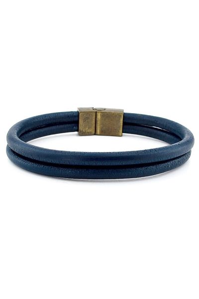 Solfera Navy Blue Two Rows Real Leather Bronze Magnet Men's Bracelet M015p