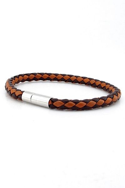 Solfera Tan Brown Cross Braid Leather Metal Clip Men's Bracelet M041e