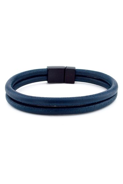 Solfera Navy Blue Two Rows Real Leather Black Magnet Men's Bracelet M015g