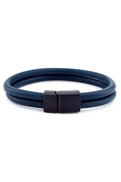 Solfera Navy Blue Two Rows Real Leather Black Magnet Men's Bracelet M015g