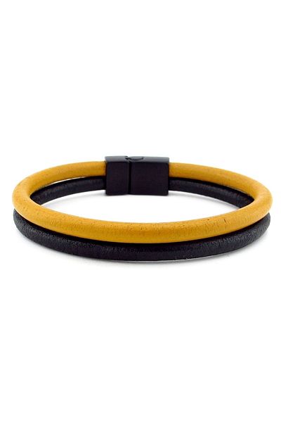 Solfera Yellow Black Original Leather Two Rows Metal Men's Bracelet M016r