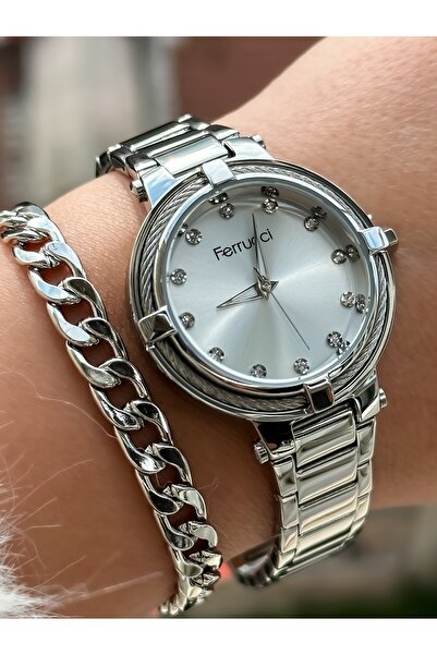 Ferrucci Zincir Çelik Kordon 2 Yıl Garantili Su Geçirmez Gümüş Renk Kadın Kol Saati+bileklik