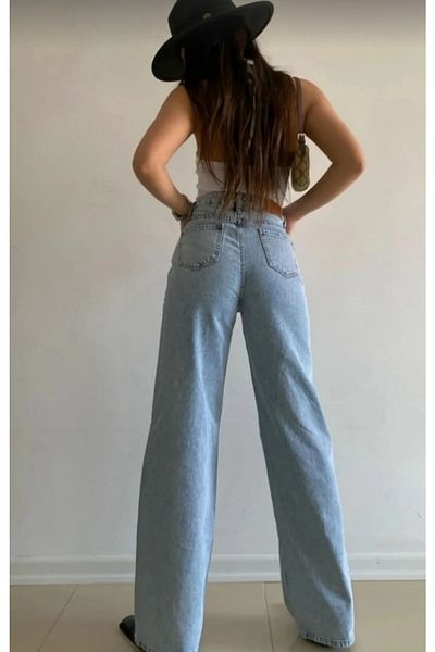 MAKRAS EXCLUSIVE Lara Loose Blue Light Blue Acid Snow Wash Cu talie super înaltă Blugi Palazzo Confort din Lycra