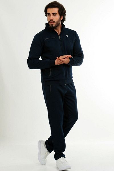 Marco Ferry Men's Navy Blue Winter Tracksuit Set - Half Turtleneck, Front Zip, 3 Thread