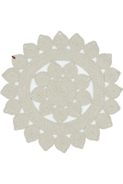 TurQhouse Doğal Hasır Halı Gül Desenli Jüt El Örmesi Gri Kilim Lıma Koleksiyonu