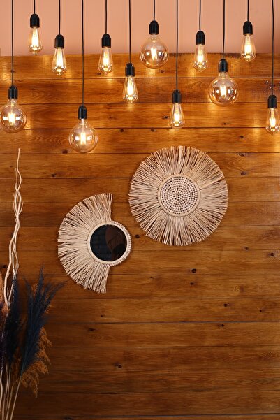 bh bohem handmade Bohem Handmade 2 Li Dekoratif Yelpaze Rafya Ayna Ve Boncukl...