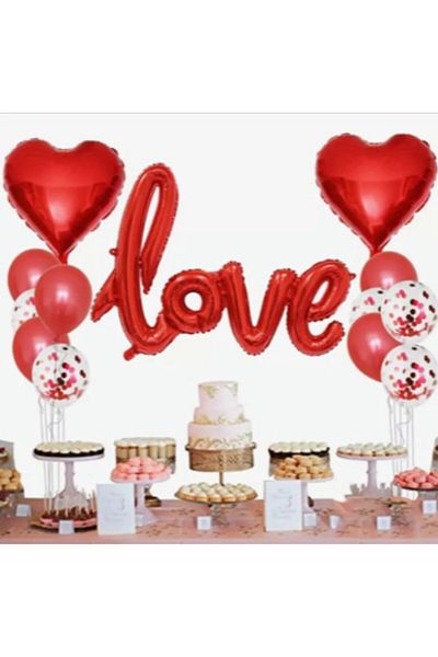 BEST PARTİ DOĞUM GÜNÜ PARTİ SÜSLERİ Red Love Text Foil Balloon Transparent Balloon Party Set for Valentine's Day