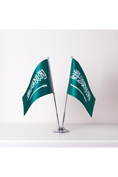 ZC Bayrak Suudi Arabistan 2li Masa Bayrağı Saten Kumaş Dijital Baskı 15x22,5 Cm