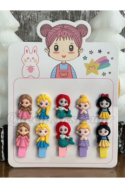 QUEEN AKSESUAR Trend Fashion Children's Baby Rubber Collar Princess Buckle Set 10 Pieces Mermaid Elsa Ariel Cinderella Cotton P