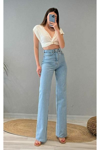 Livik Blugi Libby Blue Snow Wash cu talie înaltă cu picior lat din denim - cu picioare late