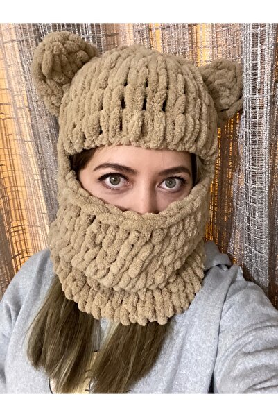 Aslı İplik Balaclava Cute Bear Snow Mask Alize Puffy Handmade Fashion Beanie Hat Milk Coffee Honey Foam