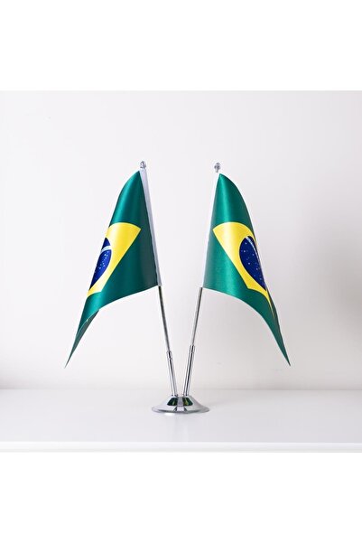 ZC Bayrak Brezilya 2li Masa Bayrağı Saten Kumaş Dijital Baskı 15x22,5 Cm