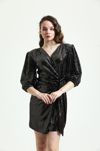 Hisleria Padded Velvet Front Tie Double Breasted Gold Sequin Detailed Mini Dr...