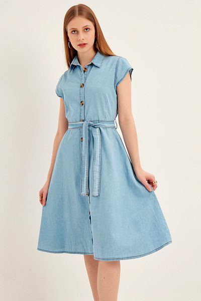MEECY Rochie de damă, albastră, cu curea cu nasturi