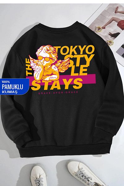 DE PLEIN Oversize Unisex X Angel Tokyo Black Printed Cotton Sweatshirt