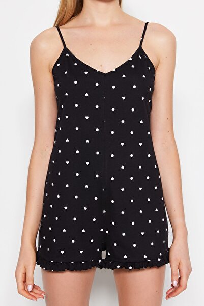 Trendyol Collection Černá kombinéza s puntíkovanými a volánkovými popruhy – 100% bavlna Thmss23Tu00003