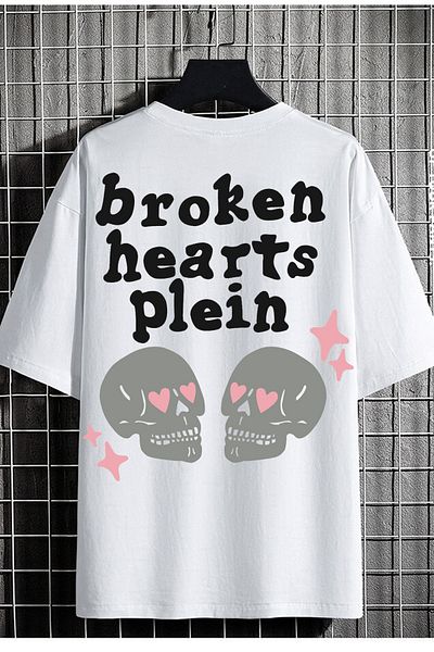 DE PLEIN White Oversize Unisex Broken Hearts Plein Printed 100% Cotton T-shirt