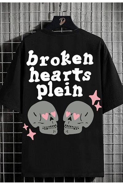 DE PLEIN Oversize Unisex Broken Hearts Plein Black Printed 100% Cotton T-shirt
