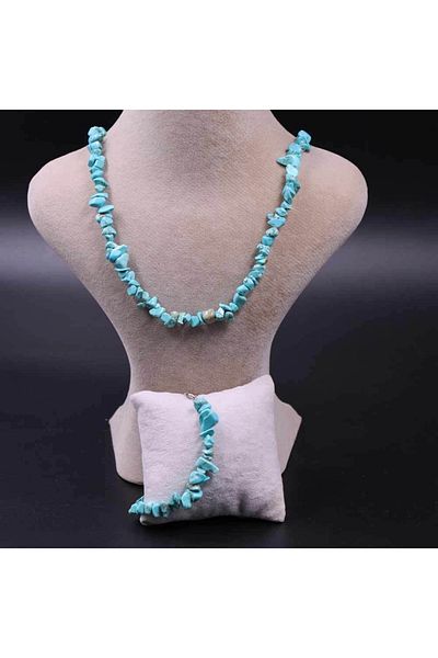 MYTAKIAĞACIMFH Turquoise (firuze) Stone Unshaped Broken Stone Necklace Bracelet Set (with Chain Extension)